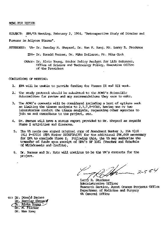 Memorandum For The Record Epa Va Meeting February 2 1984 Retrospective Study Of Dioxins And Furans In Adipose Tissue February 3 1984