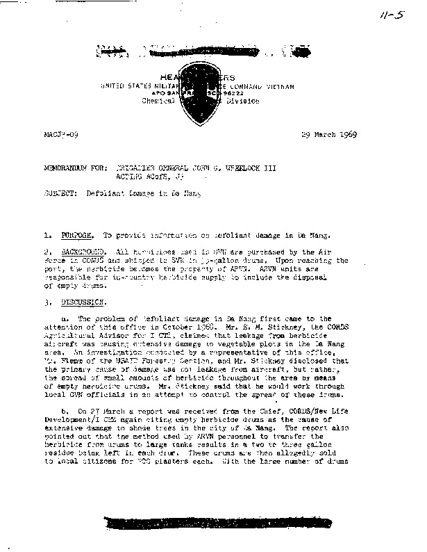 Memorandum Defoliant Damage In Da Nang From Colonel Harold C Kinne Jr To Brigadier General John G Wheelock Iii March 29 1969