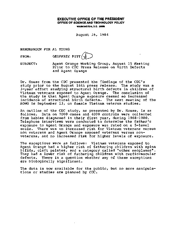 Memorandum To Alvin L Young From Geoffrey Pitt Regarding Agent Orange Working Group Aowg August 15 Meeting Prior To Cdc Press Release On Birth Defects And Agent Orange Dated August 16 1984