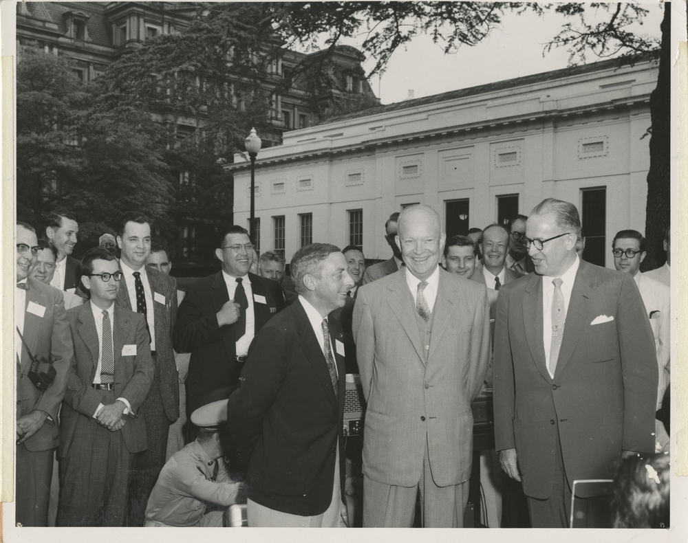 Frank Atwood Of Radio Station Wtic In Hartford Connecticut With President Dwight Eisenhower And Secretary Ezra Taft Benson At The 1955 Spring Meeting Of The National Association Of Television And Radio Farm