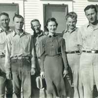 Edward F. Knipling early employment. From left: Charles Hall, Billy Ellis, Parish, Miss Nash, Bushland, and Knipling.