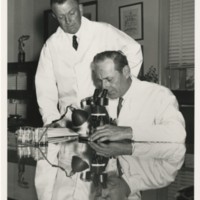 Dr. Edward F. Knipling (seated) and Dr. Raymond C. Bushland in laboratory