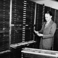 Scientist looking through filing cabinets full of soil samples