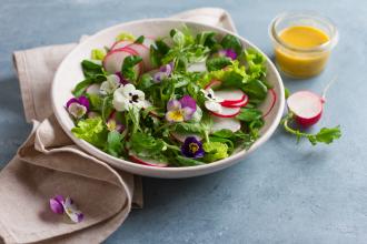 Green spring salad with edible flowers with a side of lemon vinaigrette