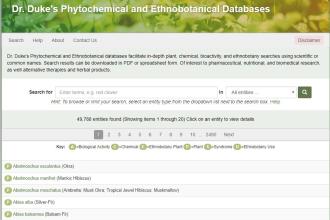 A screenshot of the ethnobotanical and phytochemical database website