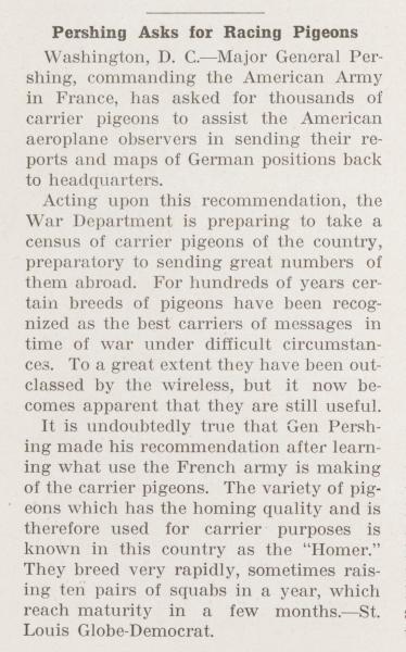 Pershing Asks for Racing Pigeons in American Squab Journal